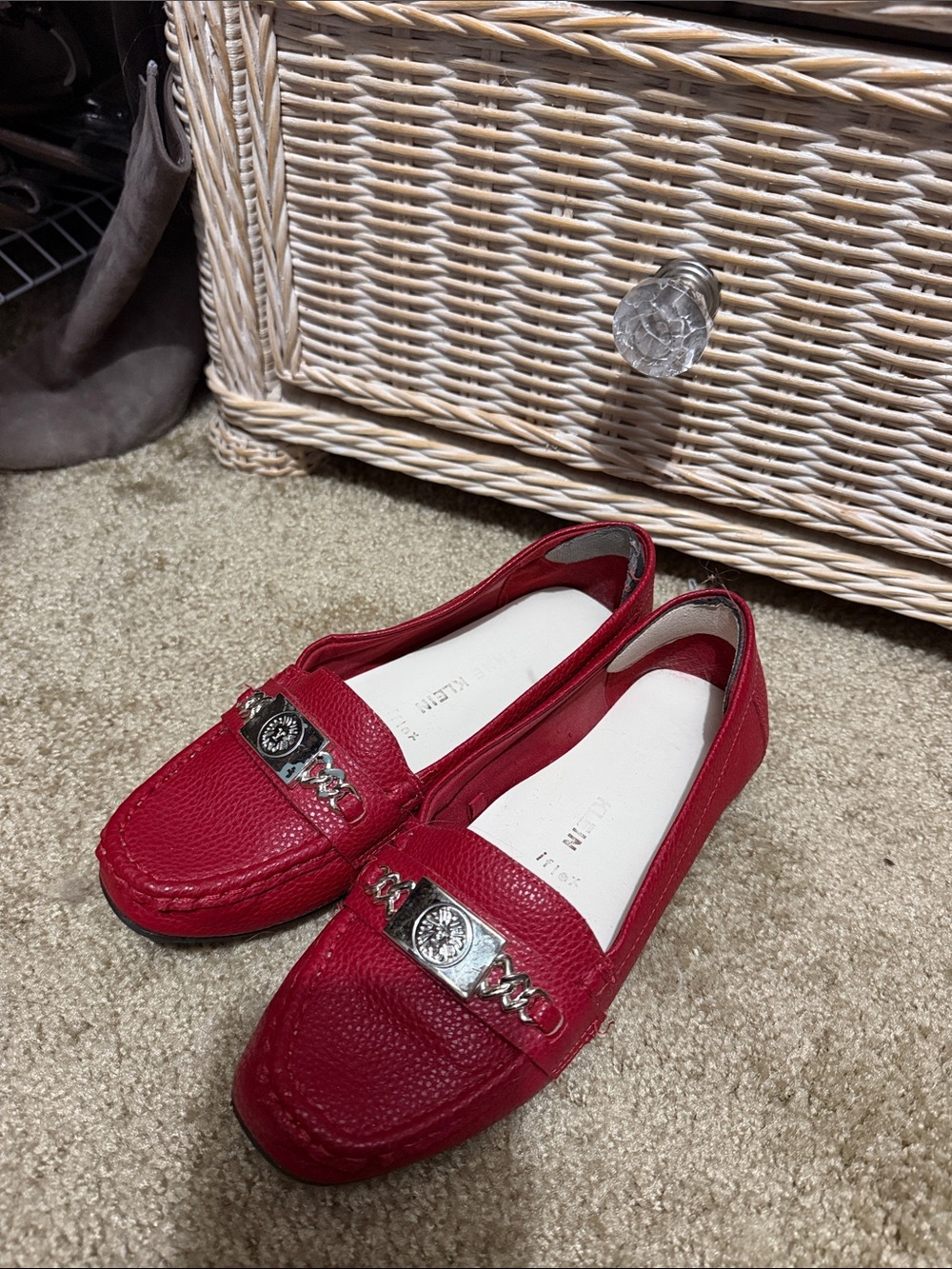 Anne Klein Red Leather Chain-Accent Driving Loafers